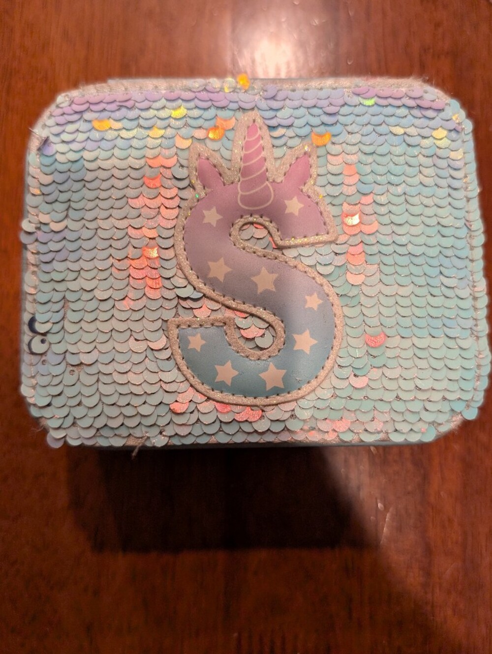 Justice Unicorn Blue Sequin Faux Leather Zip Lined Jewelry Box Case 5x4 6R